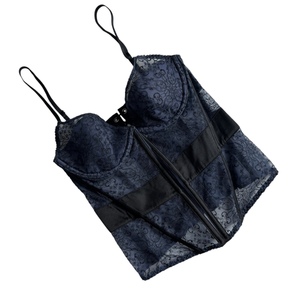 Victoria's Secret‎ Lace Up Back Embroidered Corset Bra Top Navy Black Womens 34C